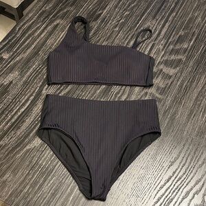 Athleta Bikini Rib Asymmetrical Thick Black High Rise Bikini Set, Medium